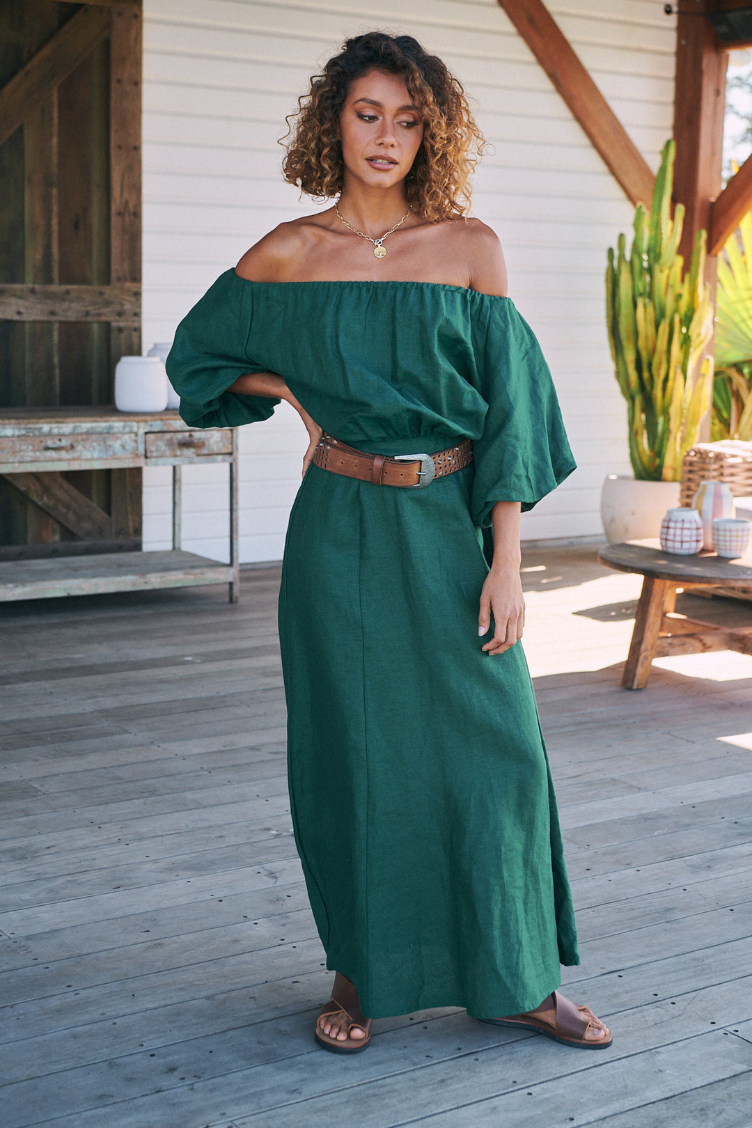 emerald linen dress JANET Linen Button Front Dress in Emerald
