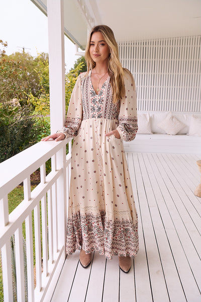 Dixie Print Long Sleeve Carmen Maxi Dress – Lilac and Mila