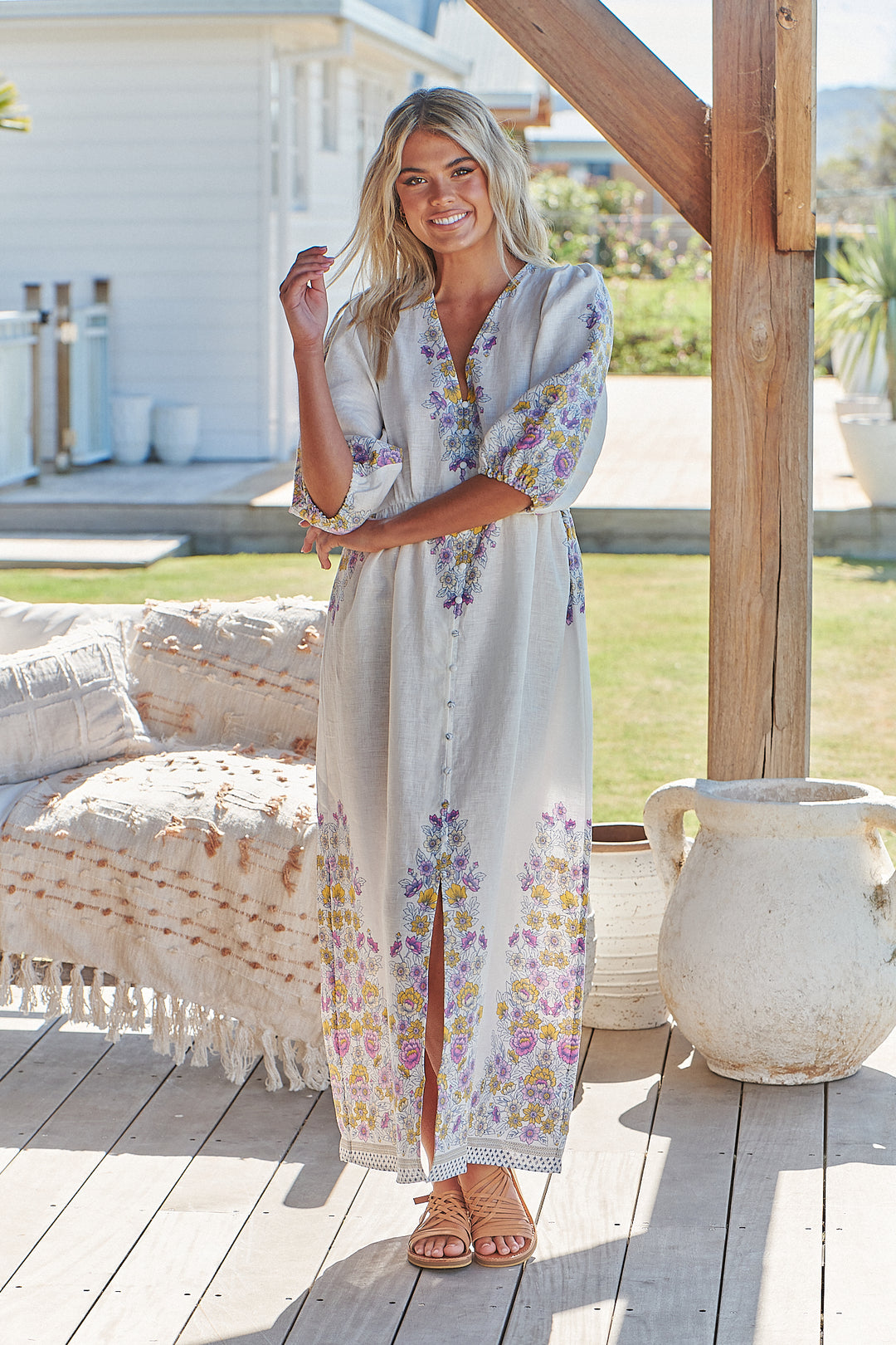 White Daylilies Print Ivy Midi Dress
