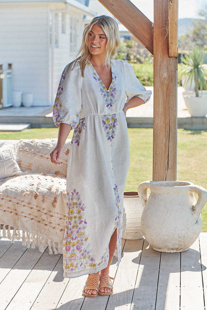 White Daylilies Print Ivy Midi Dress