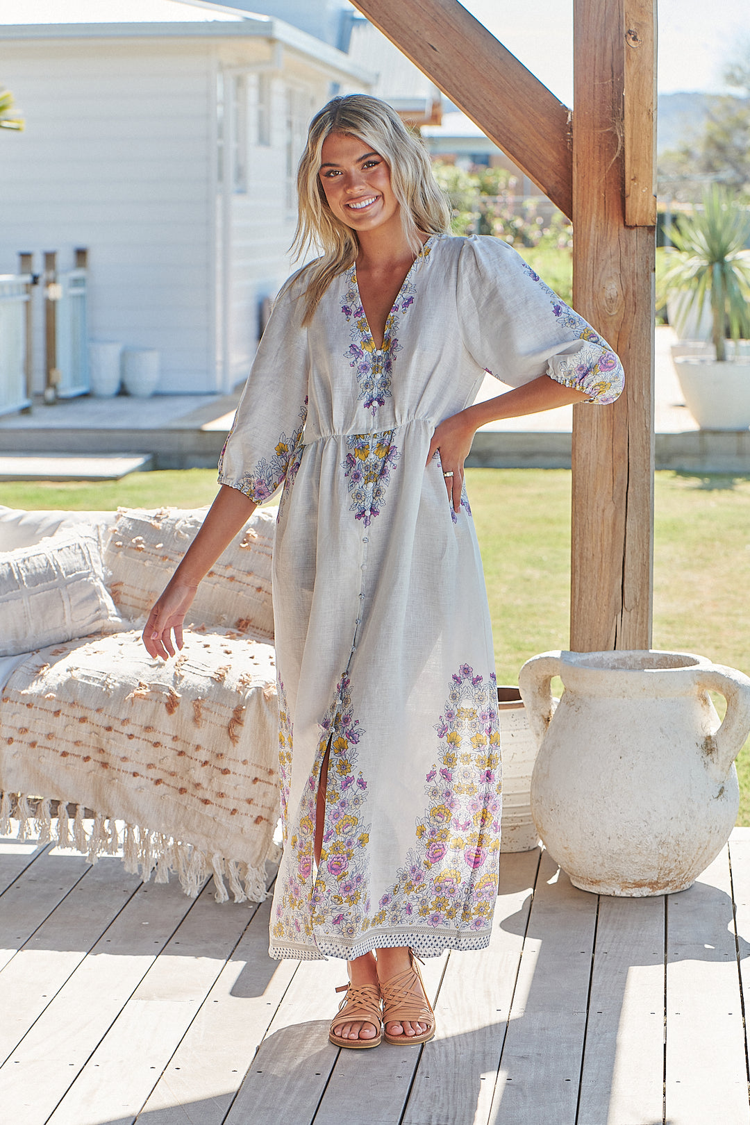 White Daylilies Print Ivy Midi Dress