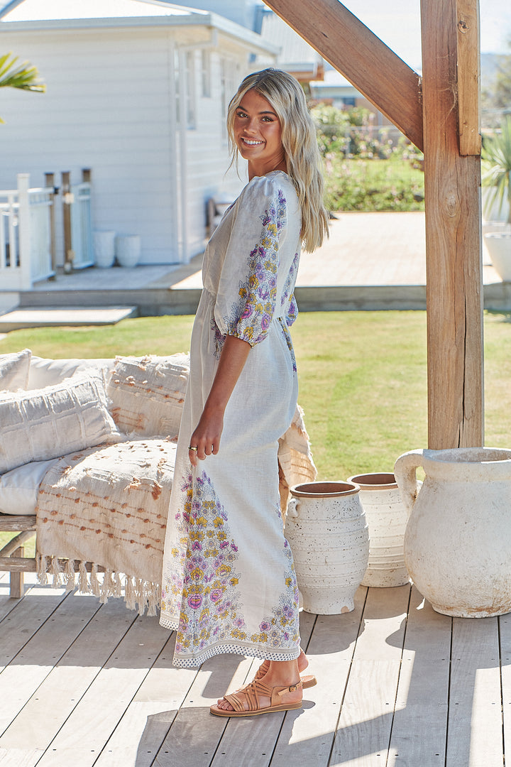 White Daylilies Print Ivy Midi Dress