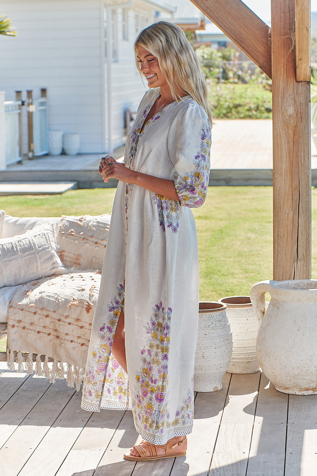 White Daylilies Print Ivy Midi Dress