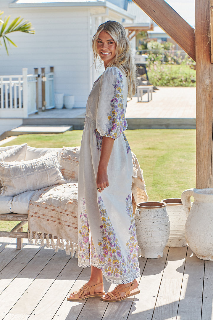 White Daylilies Print Ivy Midi Dress