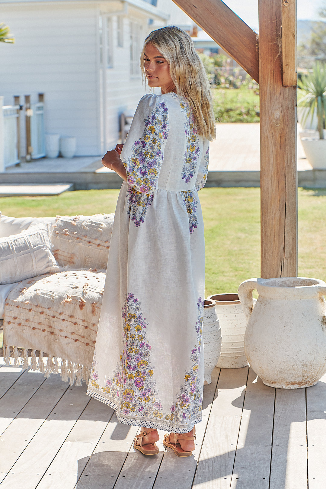 White Daylilies Print Ivy Midi Dress