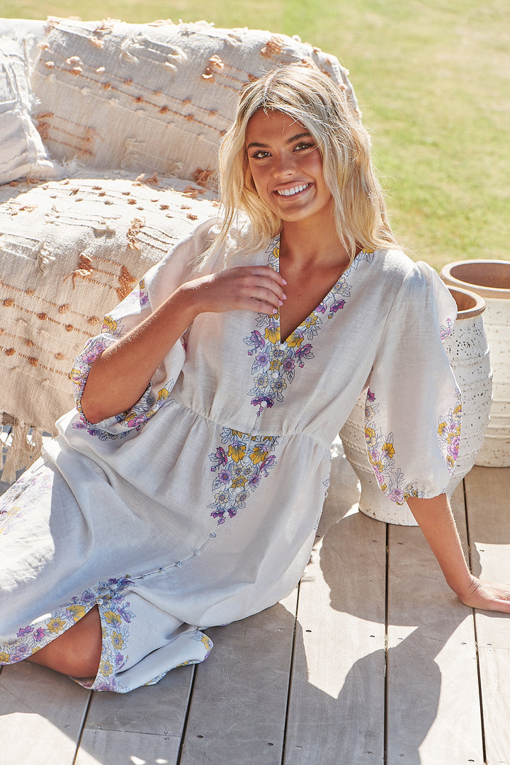 White Daylilies Print Ivy Midi Dress