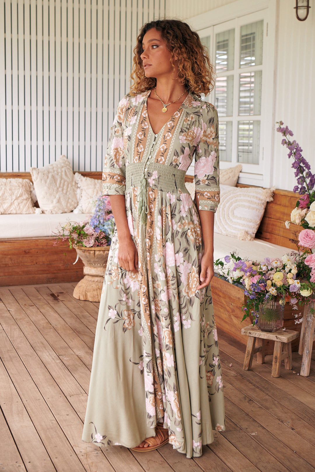 jaase long sleeve dress JAASE Women L Floral Maxi Dress Ruffle Pink Lily Long Sleeve Feminine Flowy