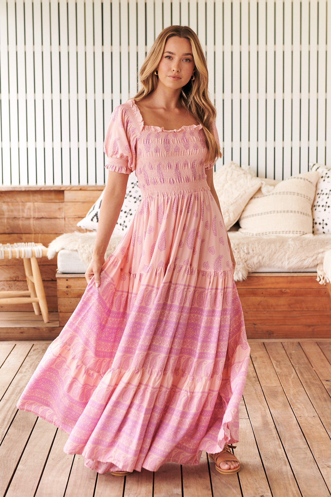 claudette ruched frill maxi dress Shona Joy Claudette Ruched Frill Midi Dress in Olive & Cream