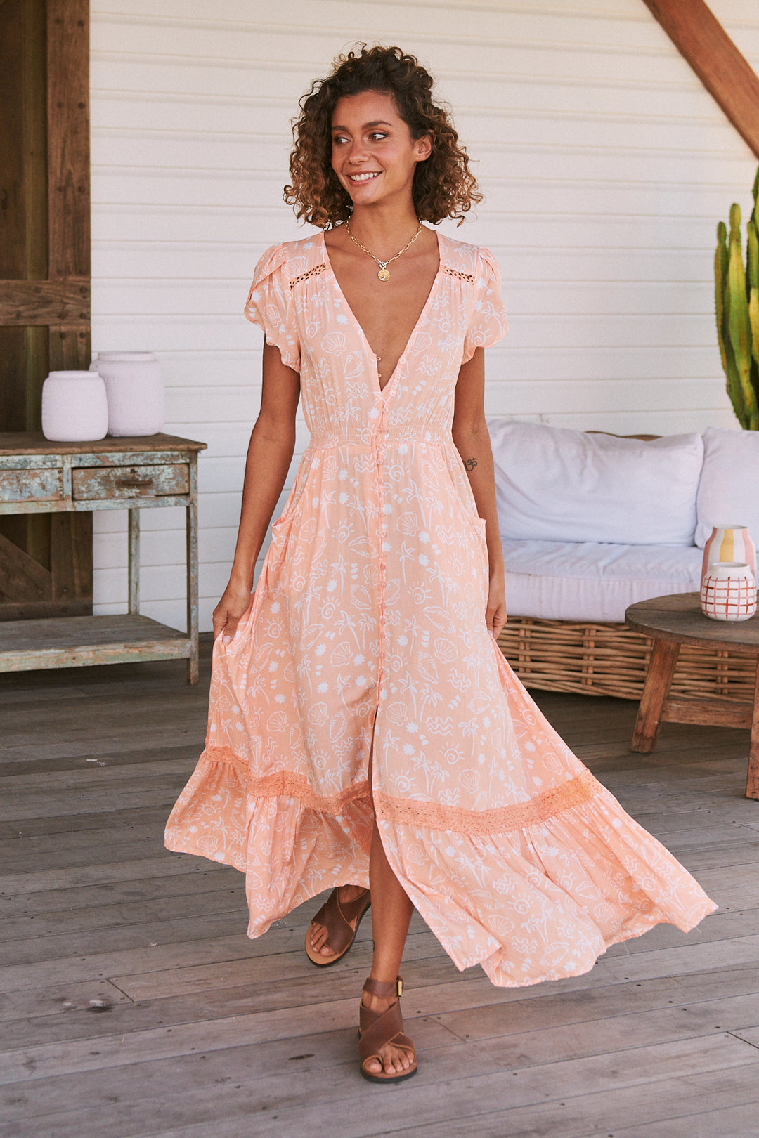 Peach Island Print Carmen Maxi