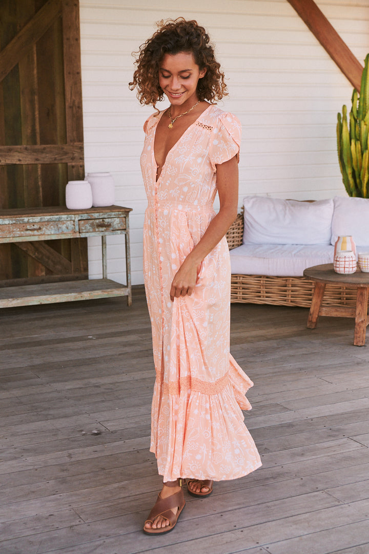 Peach Island Print Carmen Maxi