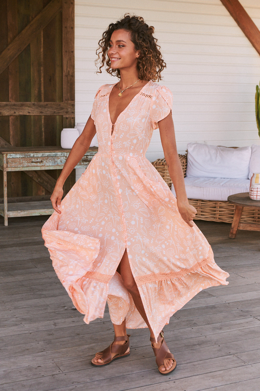 Peach Island Print Carmen Maxi