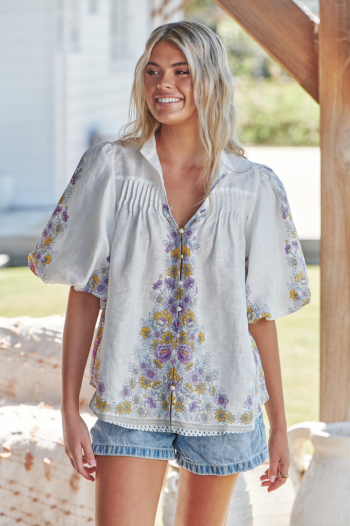 White Daylilies Print Birdie Blouse