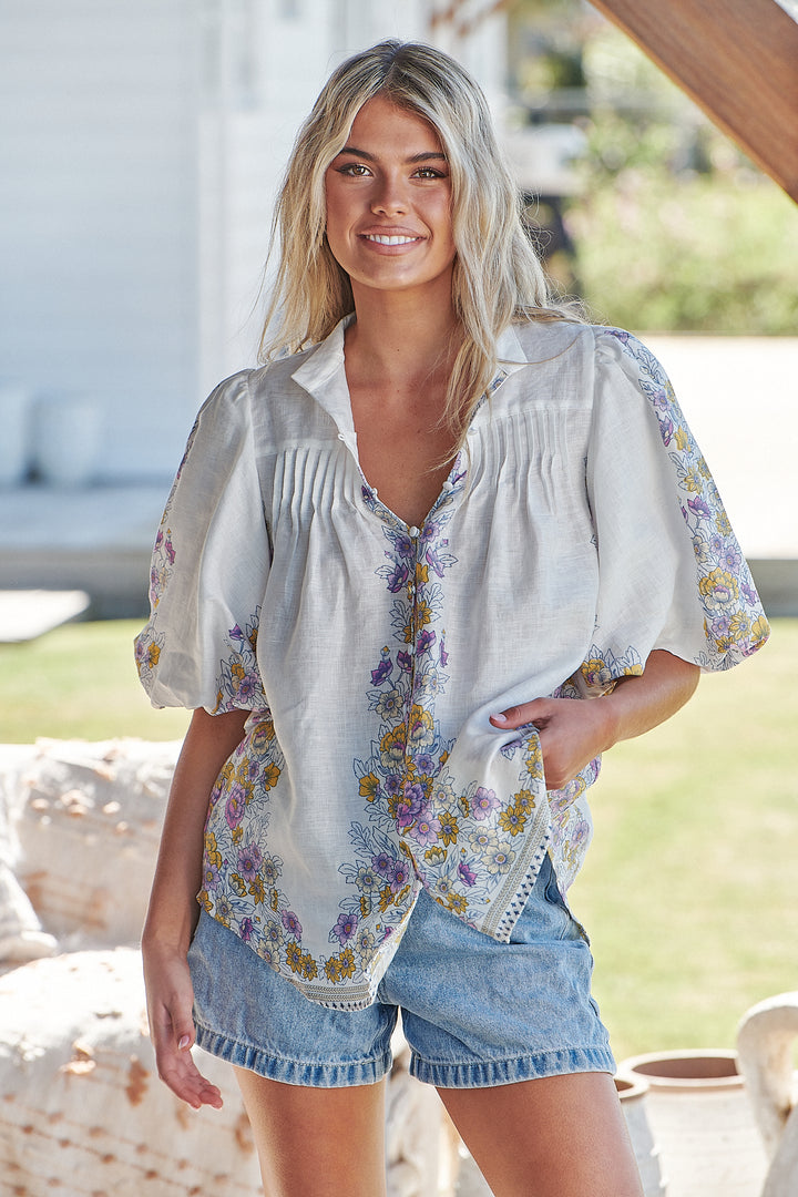White Daylilies Print Birdie Blouse
