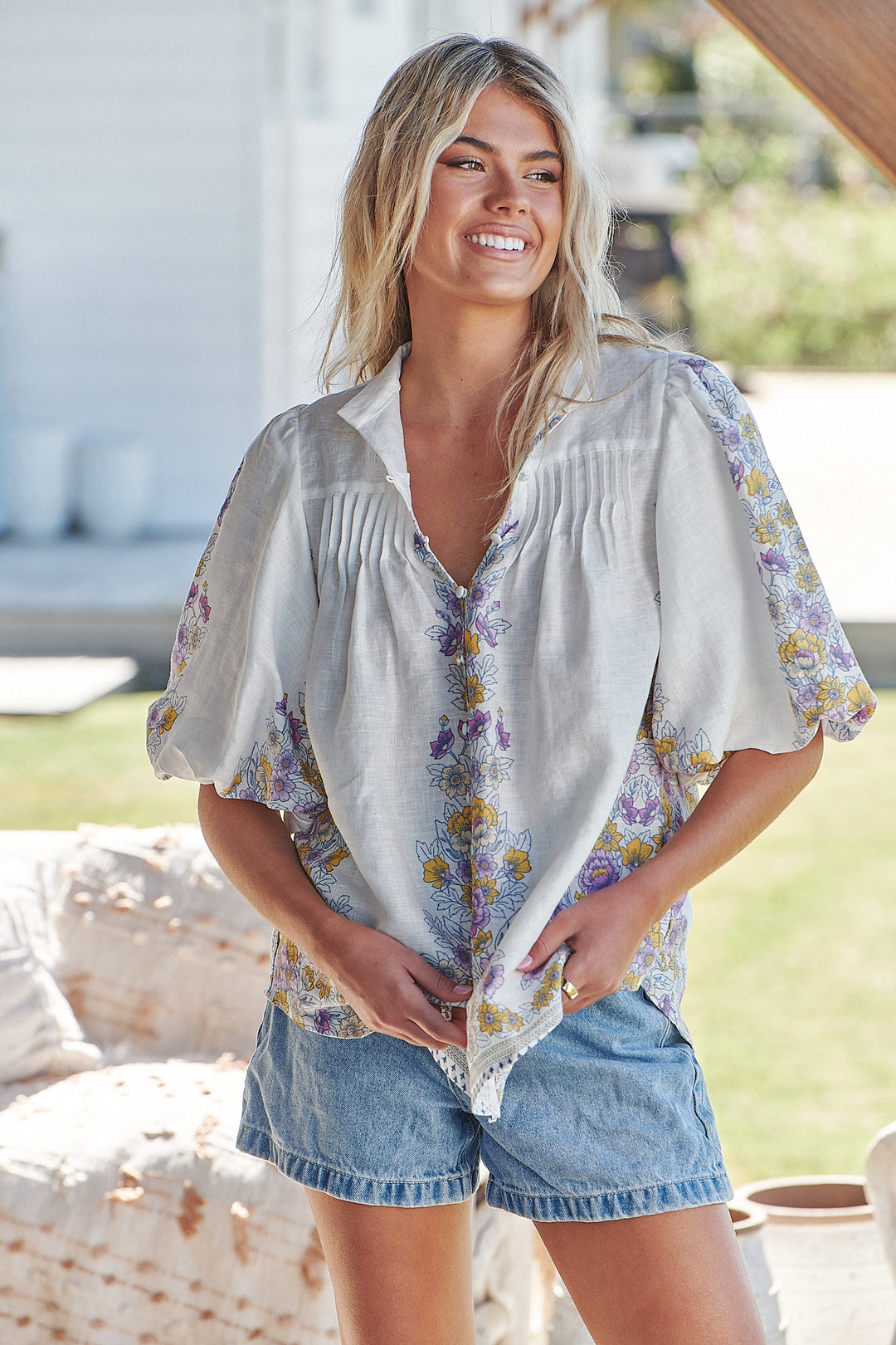 White Daylilies Print Birdie Blouse