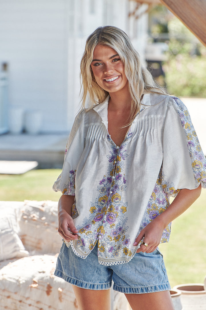 White Daylilies Print Birdie Blouse