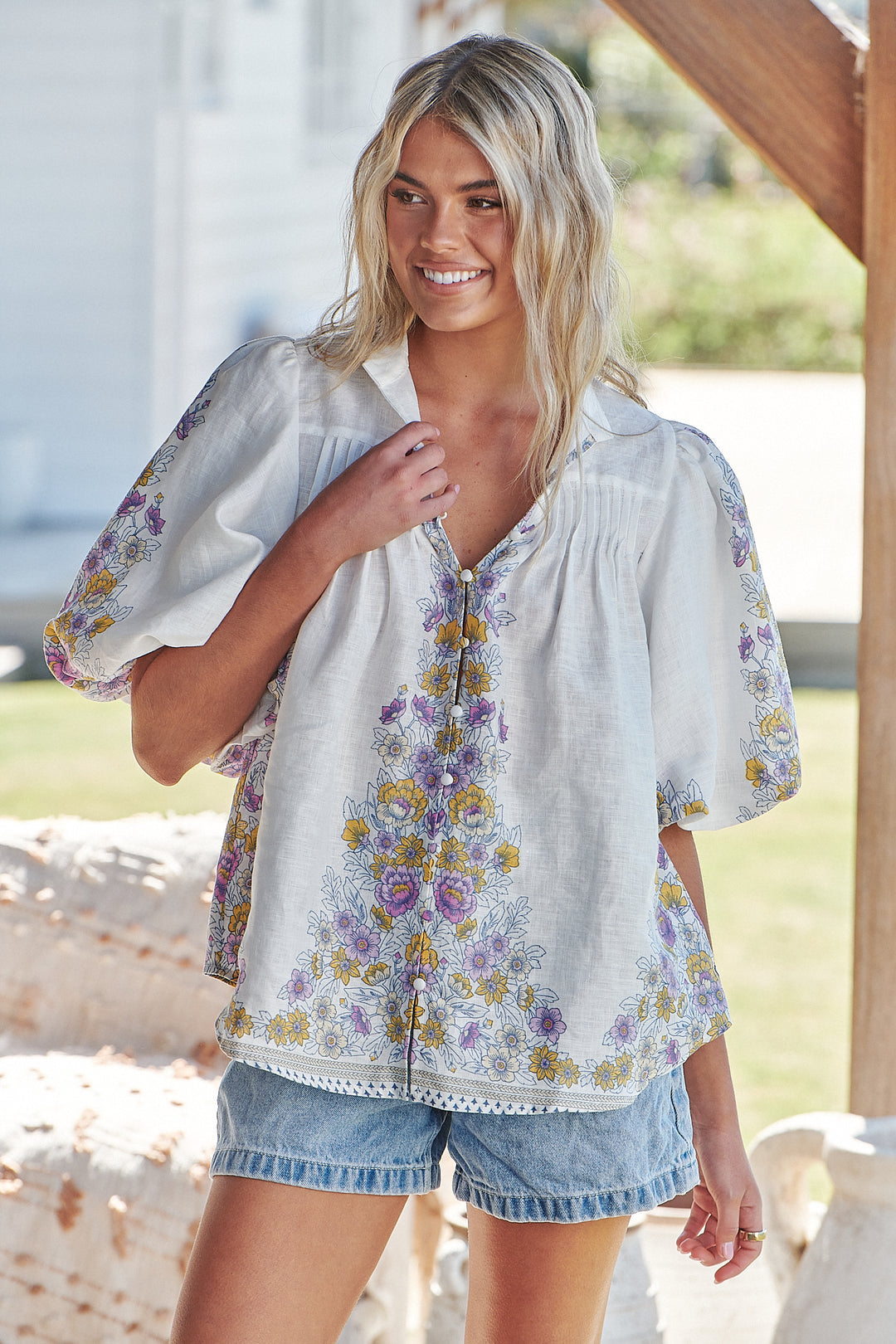 White Daylilies Print Birdie Blouse