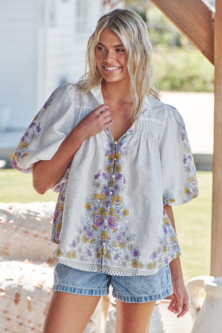 White Daylilies Print Birdie Blouse
