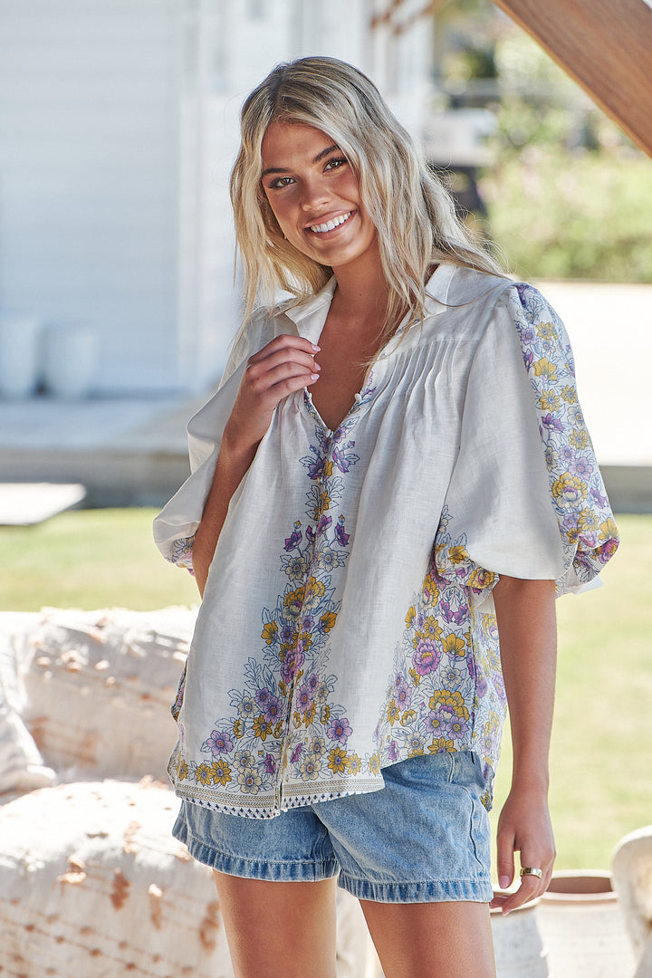 White Daylilies Print Birdie Blouse