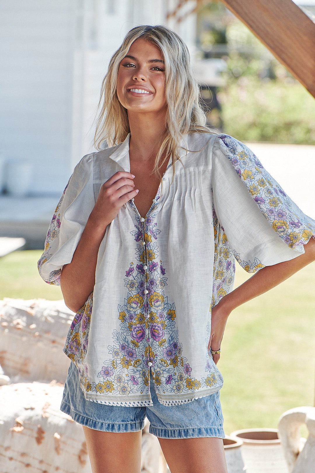 White Daylilies Print Birdie Blouse