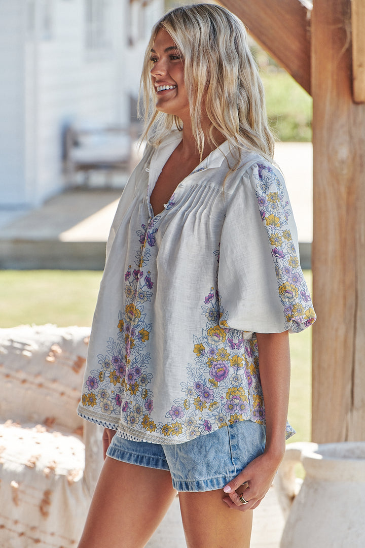 White Daylilies Print Birdie Blouse