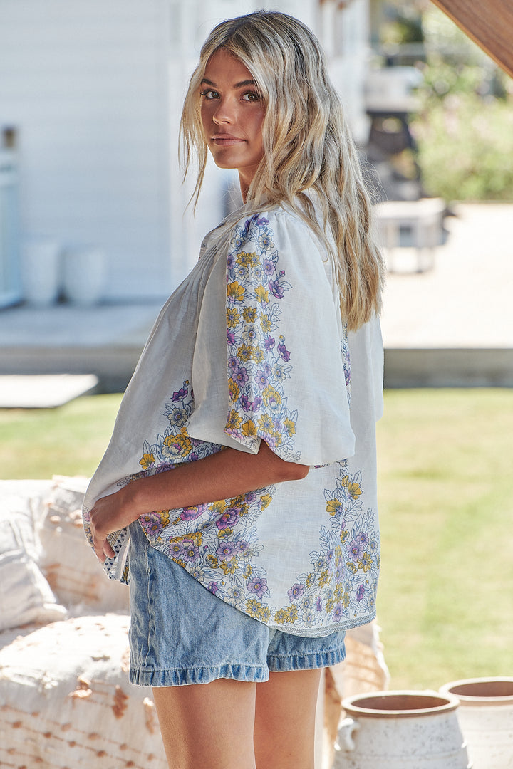White Daylilies Print Birdie Blouse