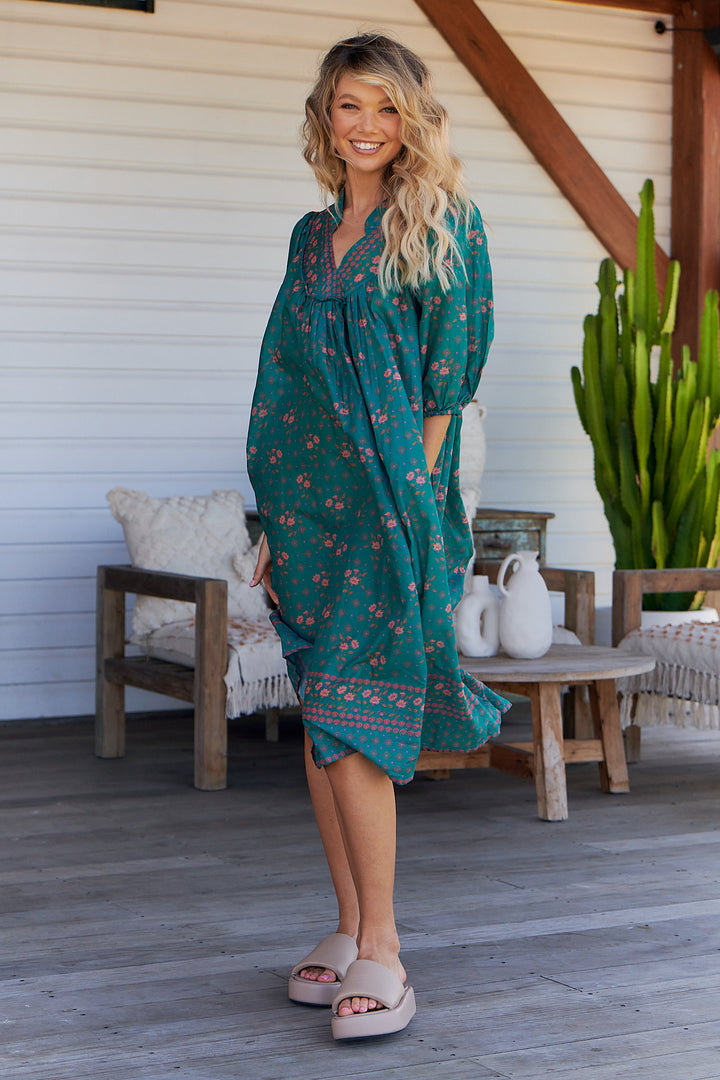 Evergreen Print Bohemian Midi Dress