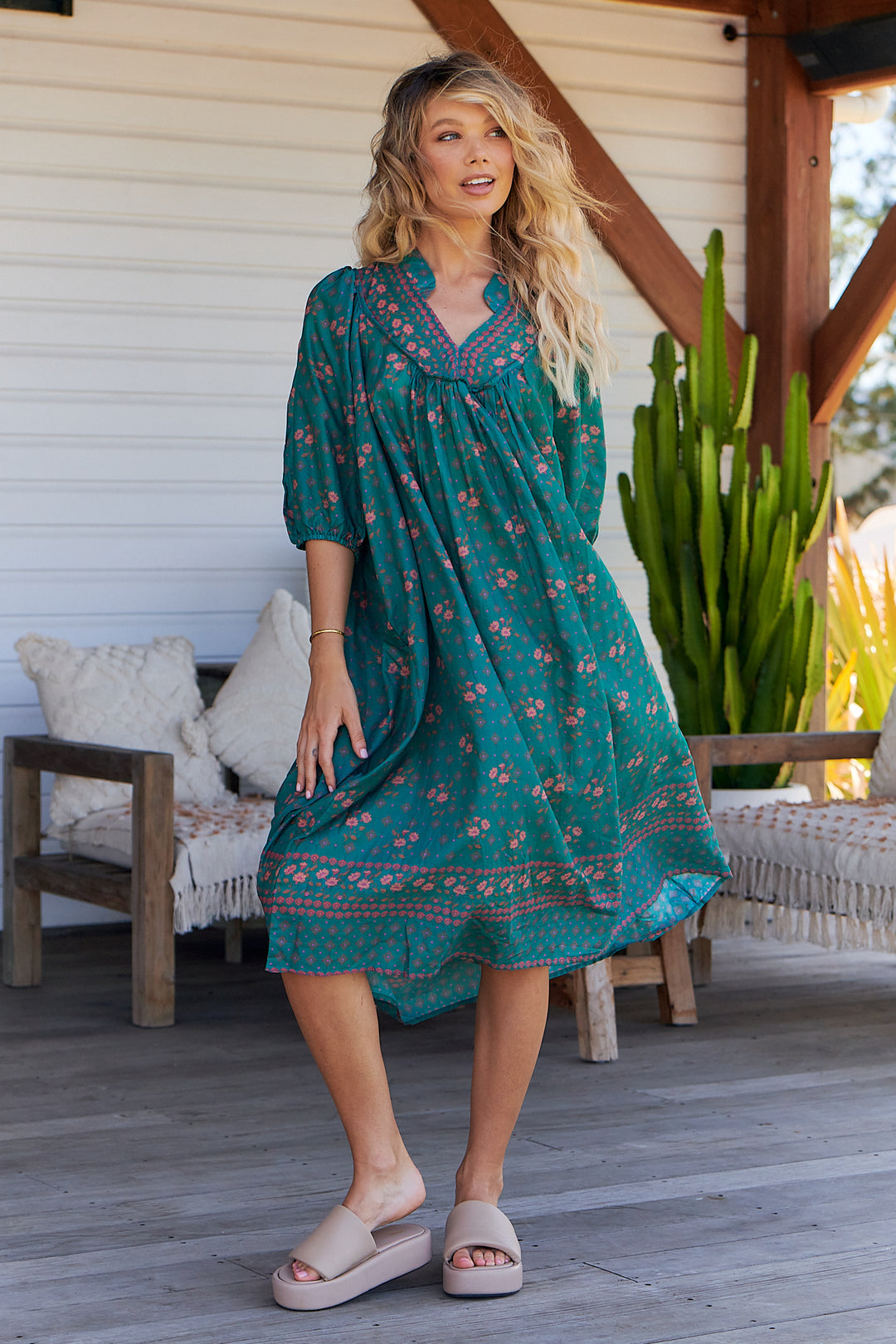 Evergreen Print Bohemian Midi Dress