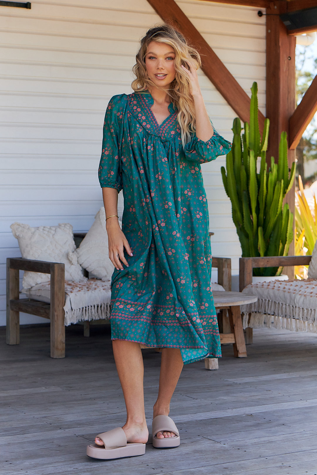 Evergreen Print Bohemian Midi Dress