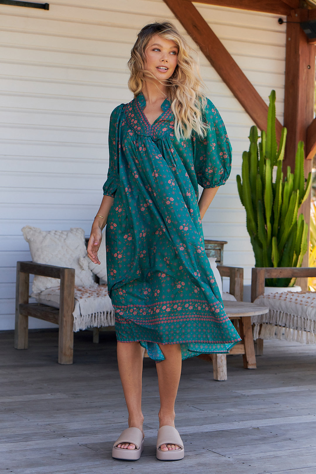 Evergreen Print Bohemian Midi Dress