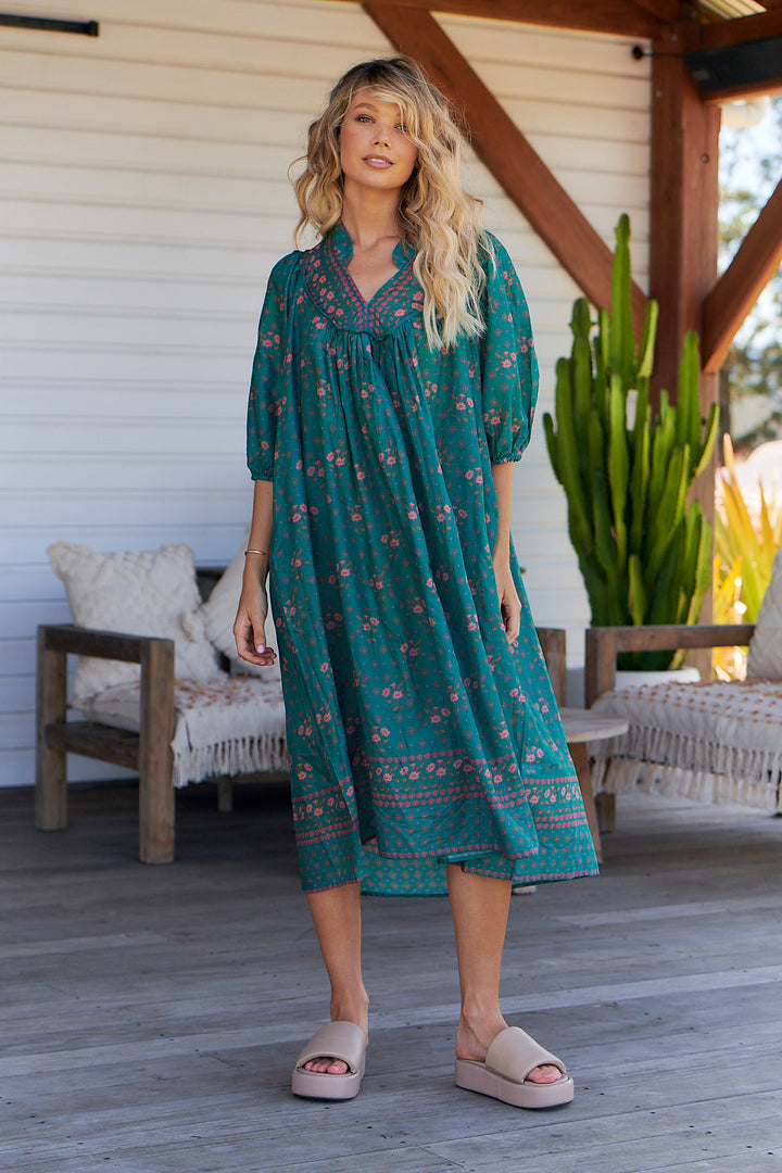 Evergreen Print Bohemian Midi Dress