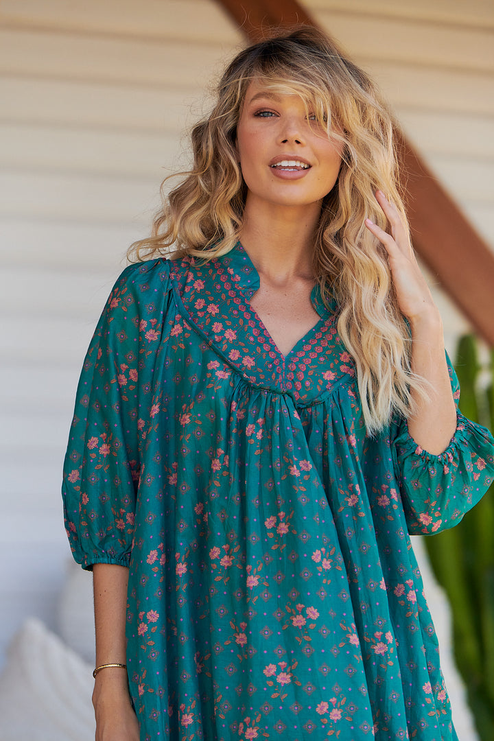 Evergreen Print Bohemian Midi Dress