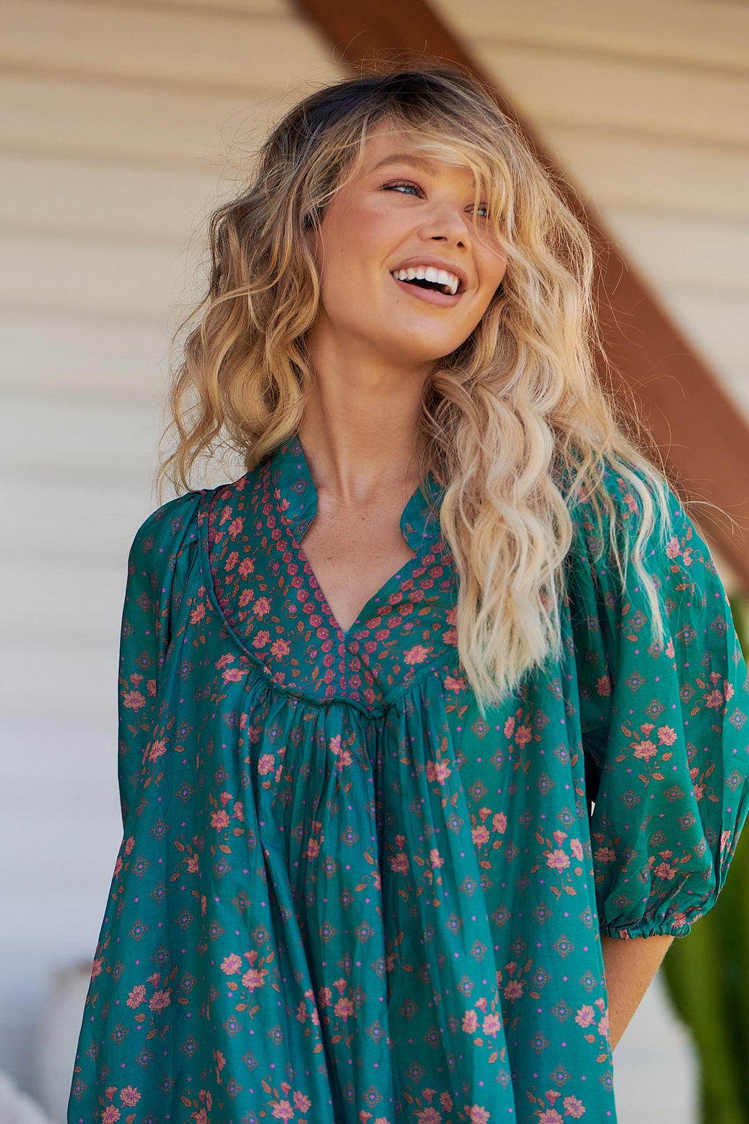 Evergreen Print Bohemian Midi Dress