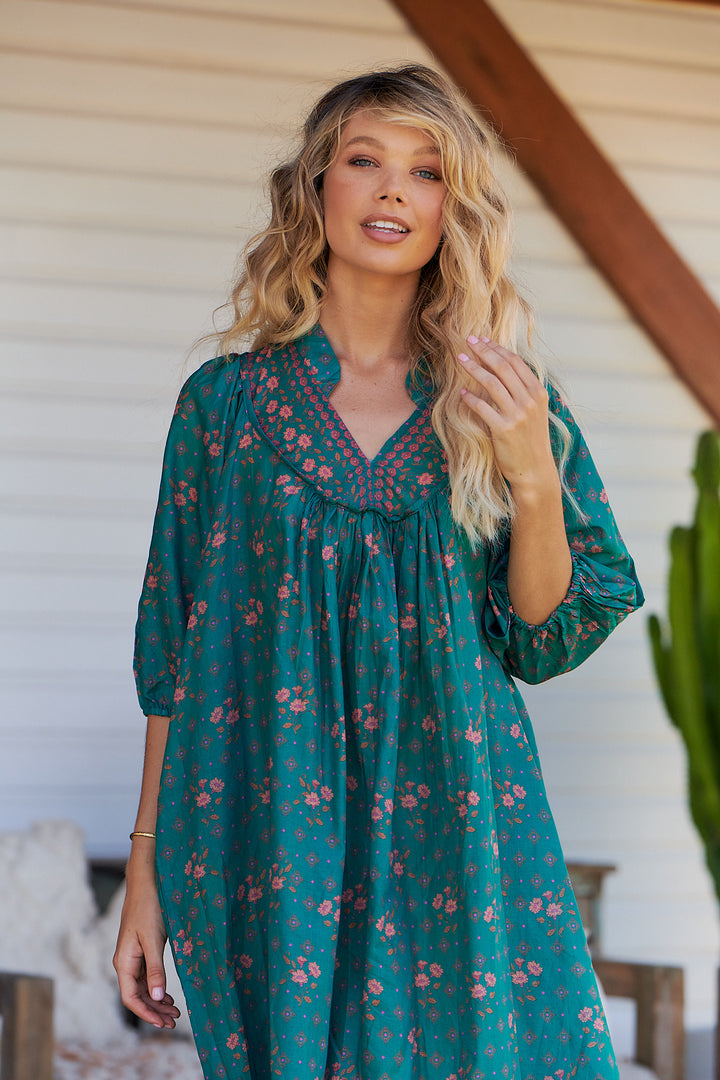 Evergreen Print Bohemian Midi Dress