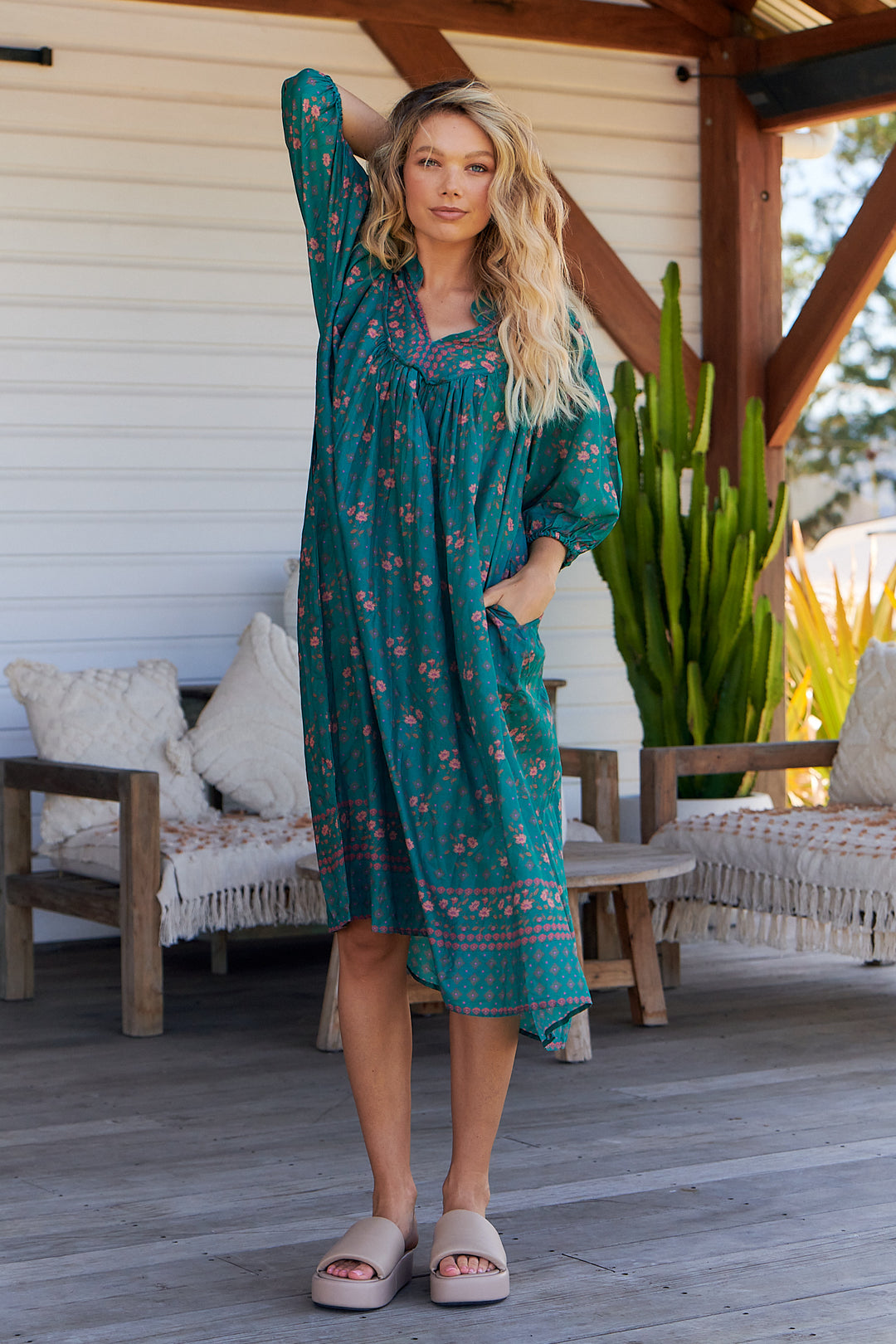 Evergreen Print Bohemian Midi Dress