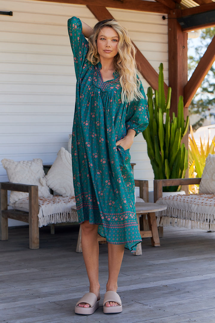 Evergreen Print Bohemian Midi Dress