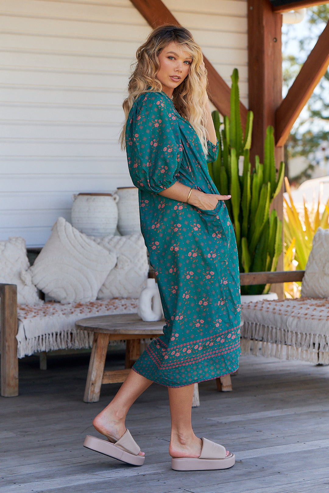 Evergreen Print Bohemian Midi Dress - Side angle