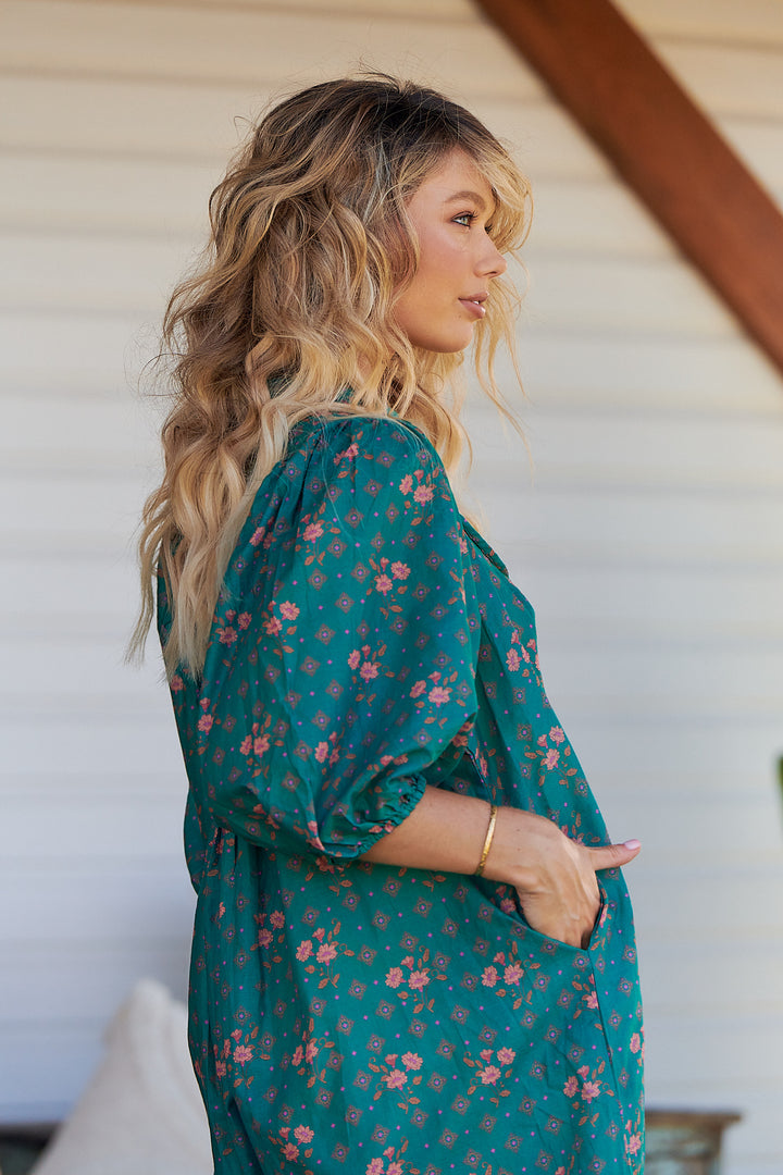 Evergreen Print Bohemian Midi Dress