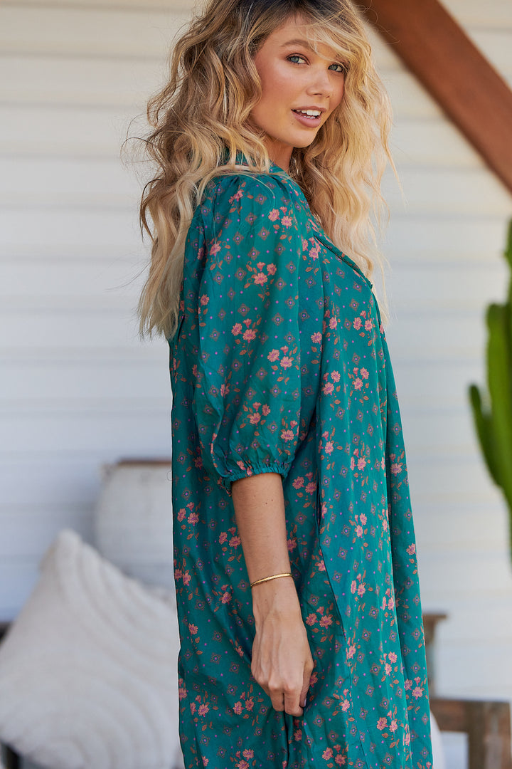 Evergreen Print Bohemian Midi Dress