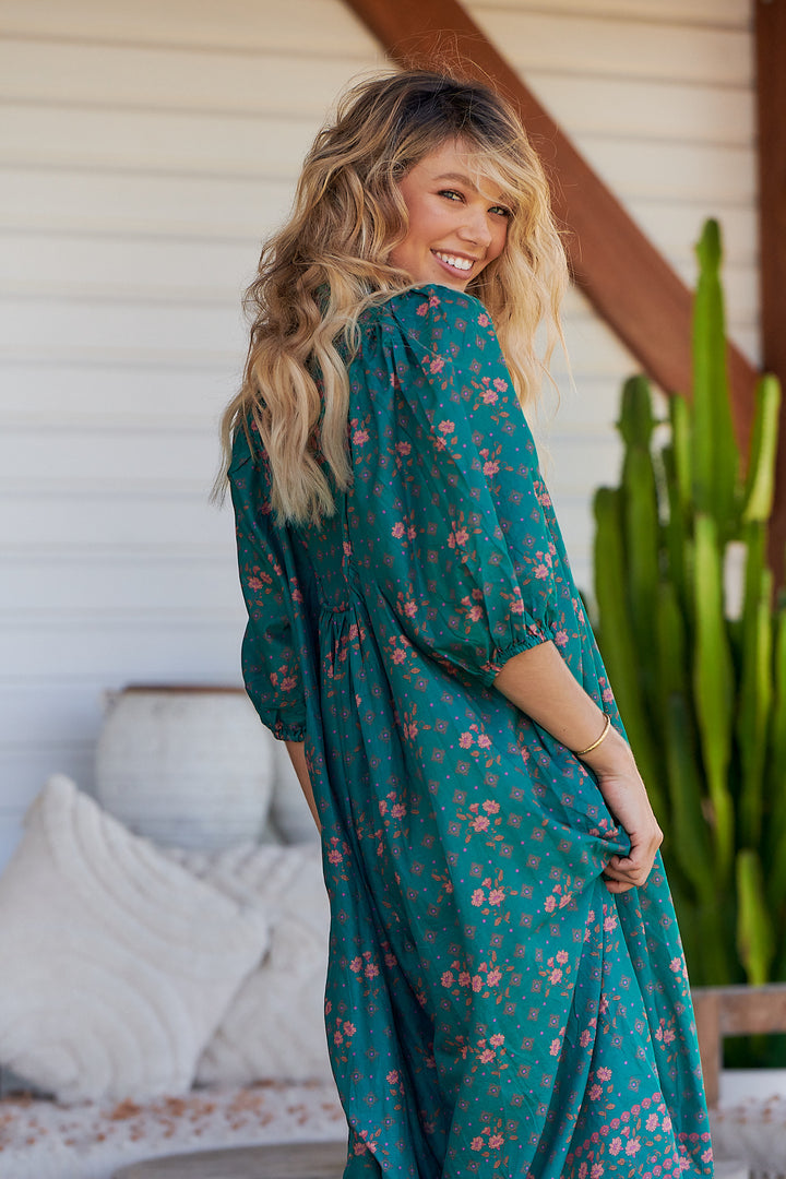 Evergreen Print Bohemian Midi Dress