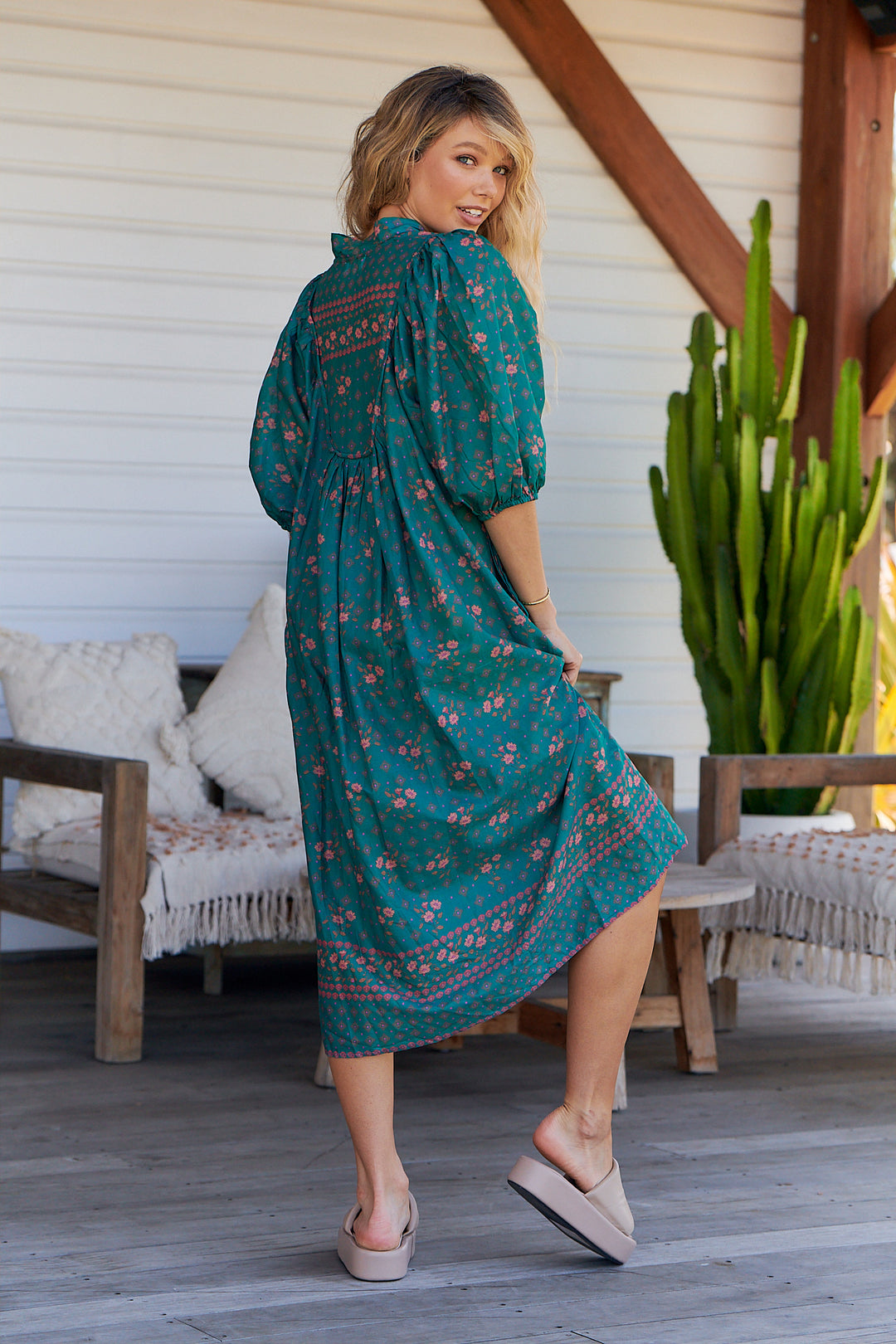 Evergreen Print Bohemian Midi Dress