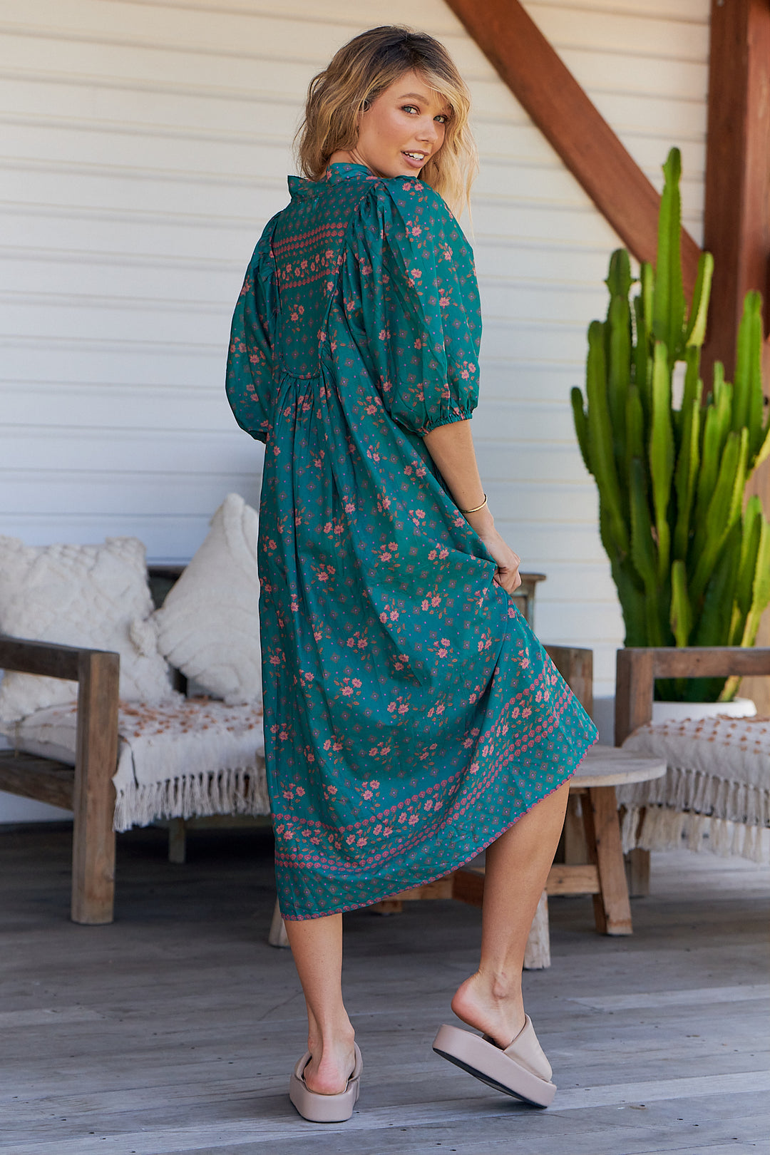 Evergreen Print Bohemian Midi Dress - Back angle