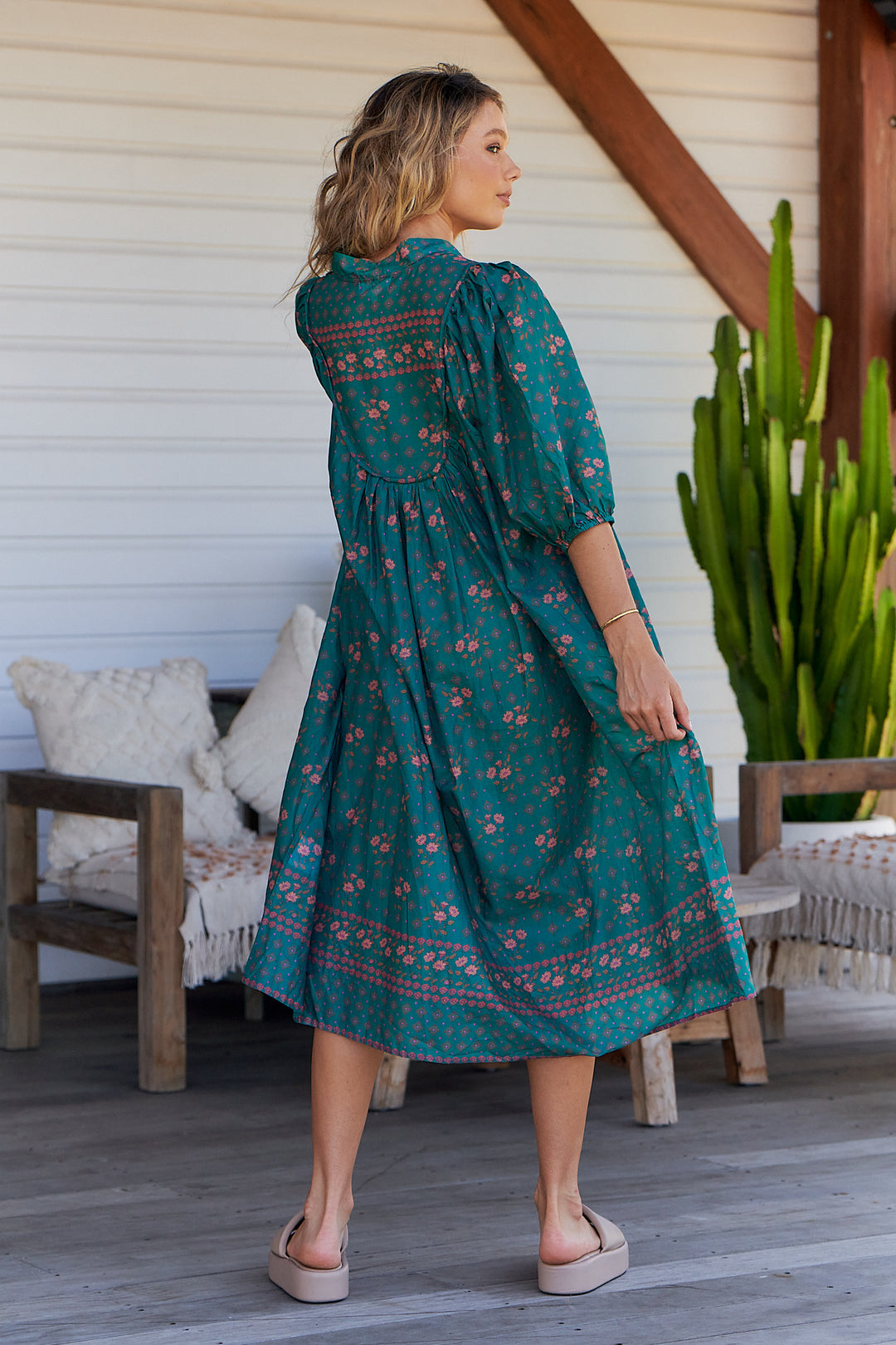 Evergreen Print Bohemian Midi Dress