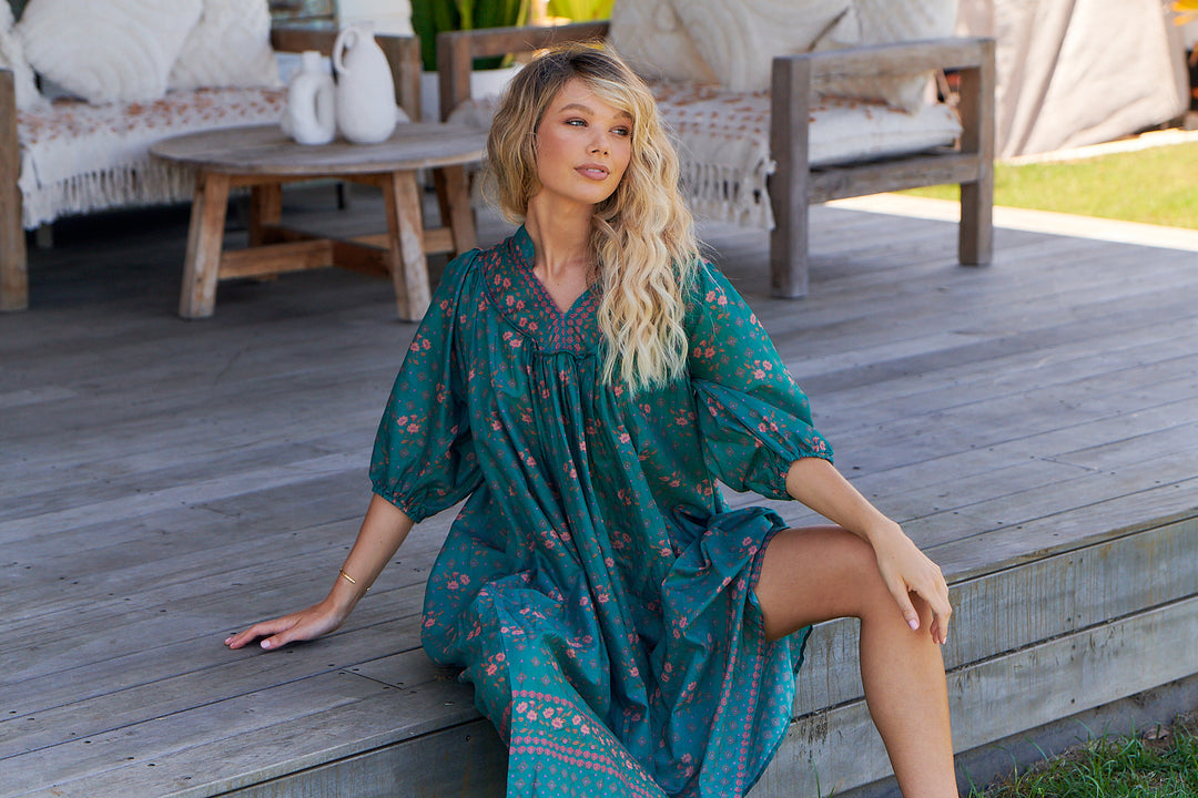 Evergreen Print Bohemian Midi Dress