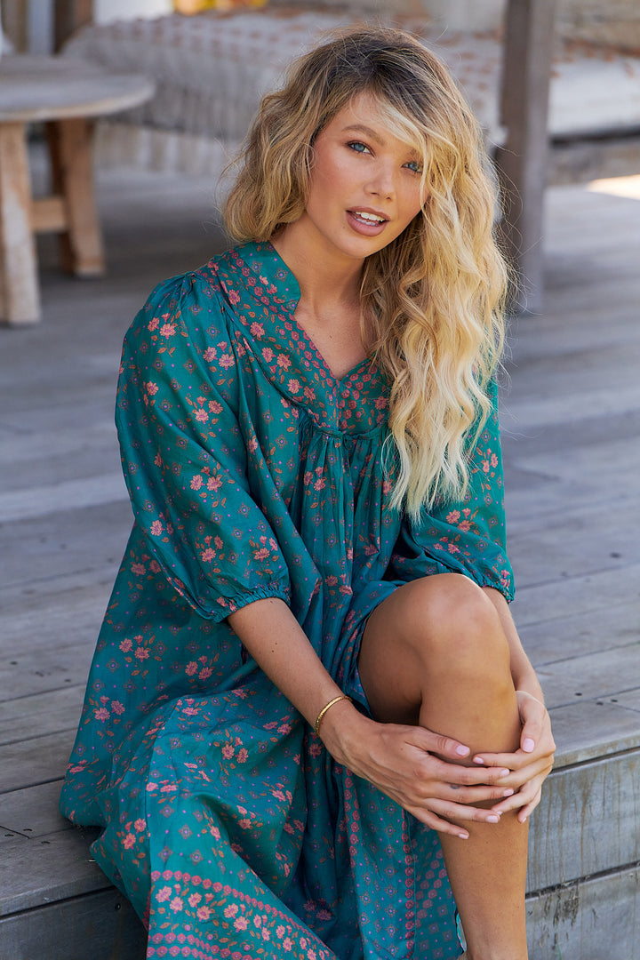 Evergreen Print Bohemian Midi Dress