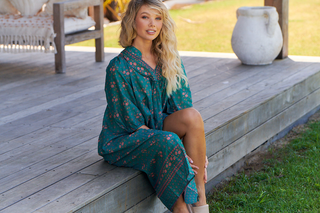 Evergreen Print Bohemian Midi Dress