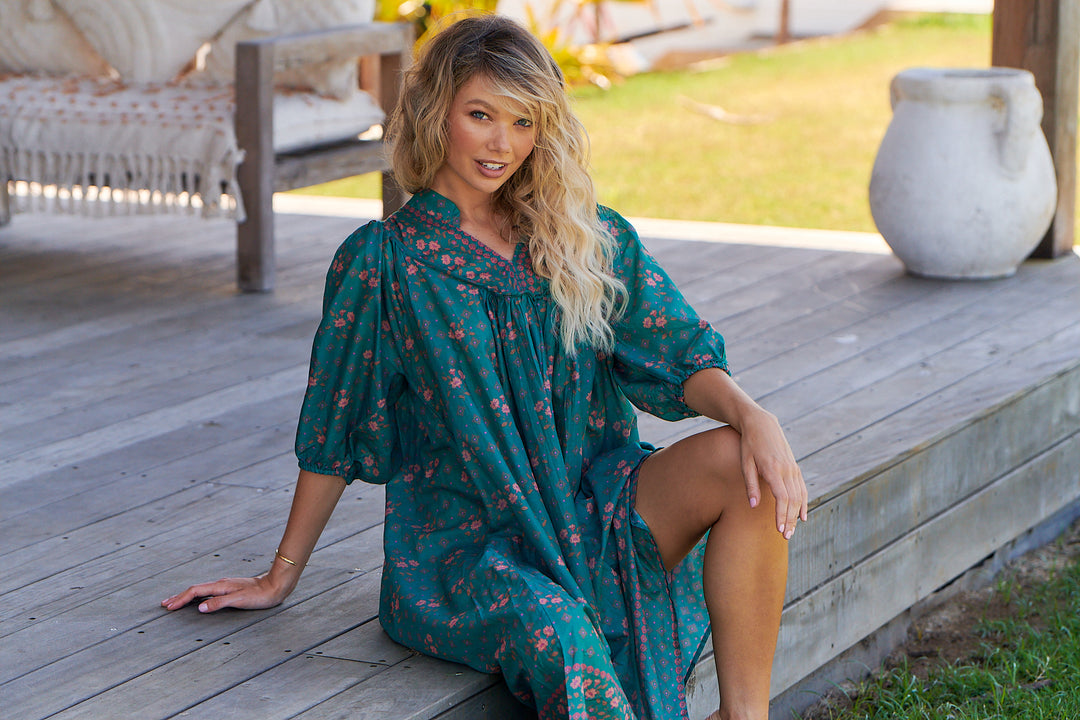 Evergreen Print Bohemian Midi Dress