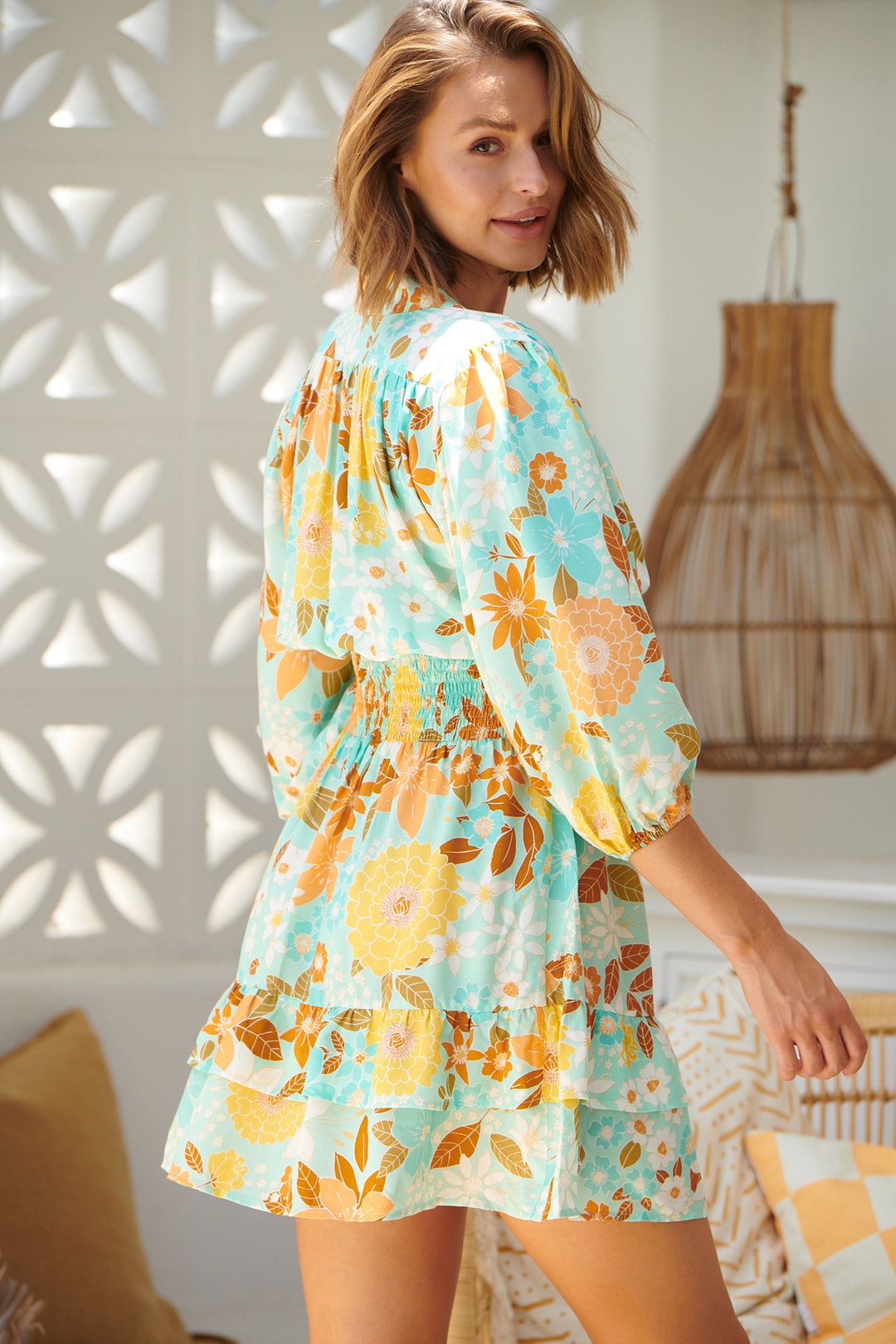 Mint Tiffany Print Flowers Mini Dress