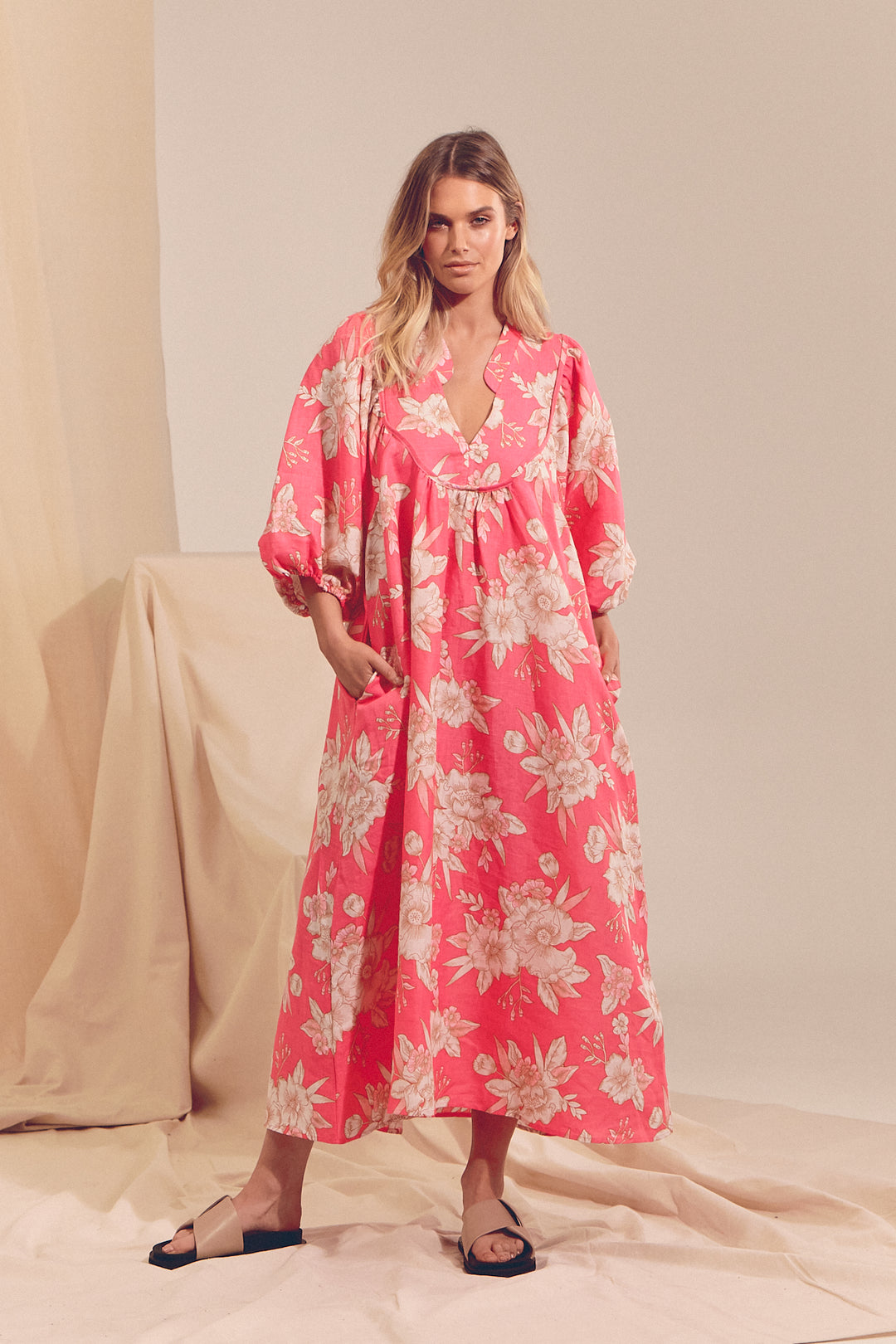 Hawaii Rose Boheme Linen Midi Dress