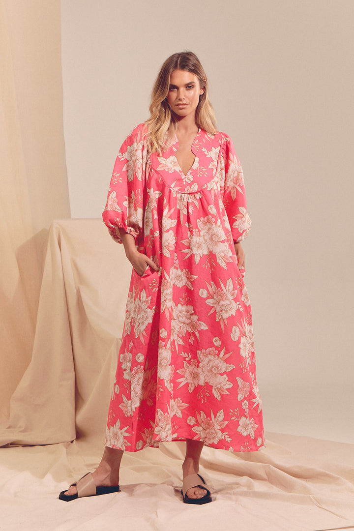 Hawaii Rose Boheme Linen Midi Dress