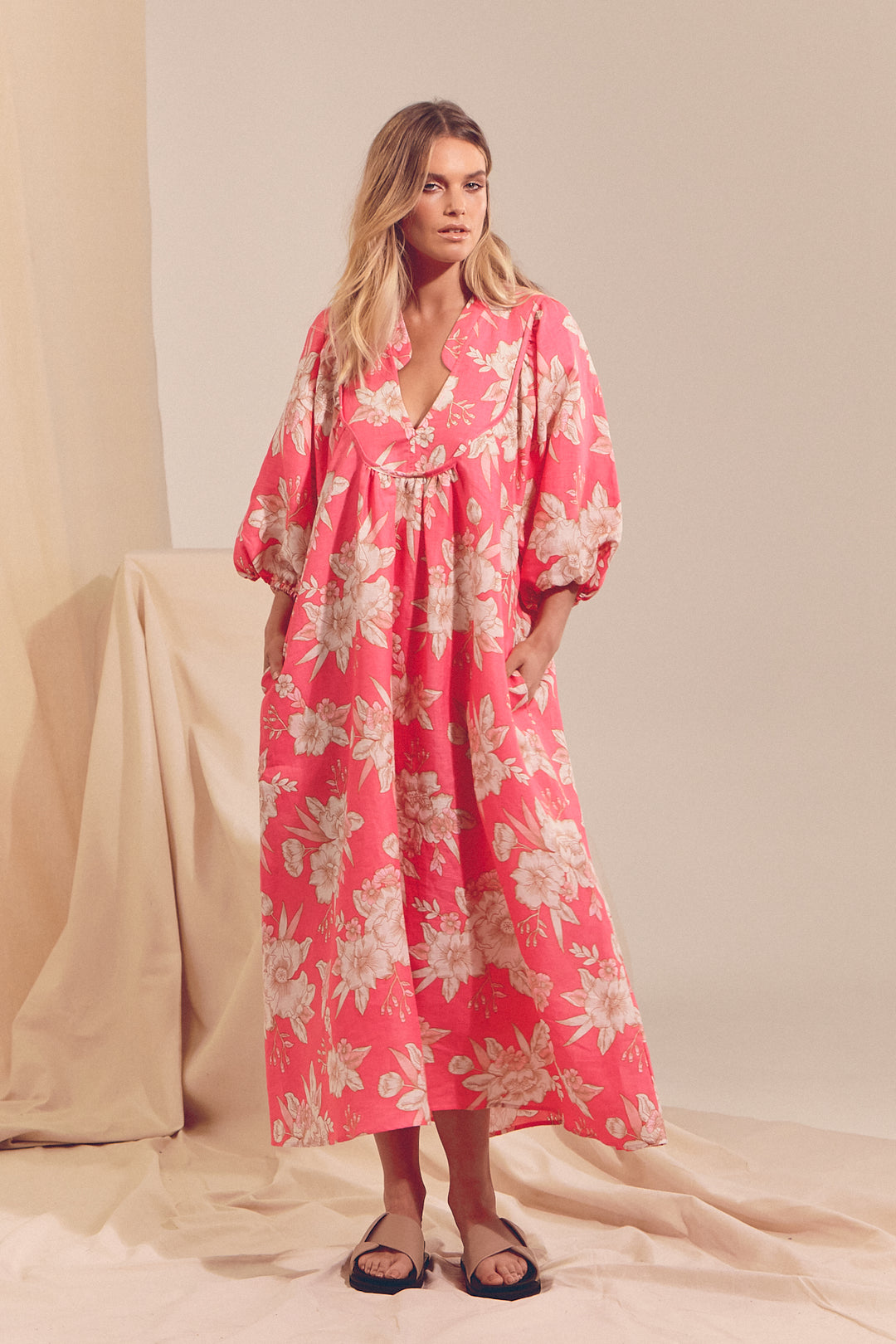 Hawaii Rose Boheme Linen Midi Dress
